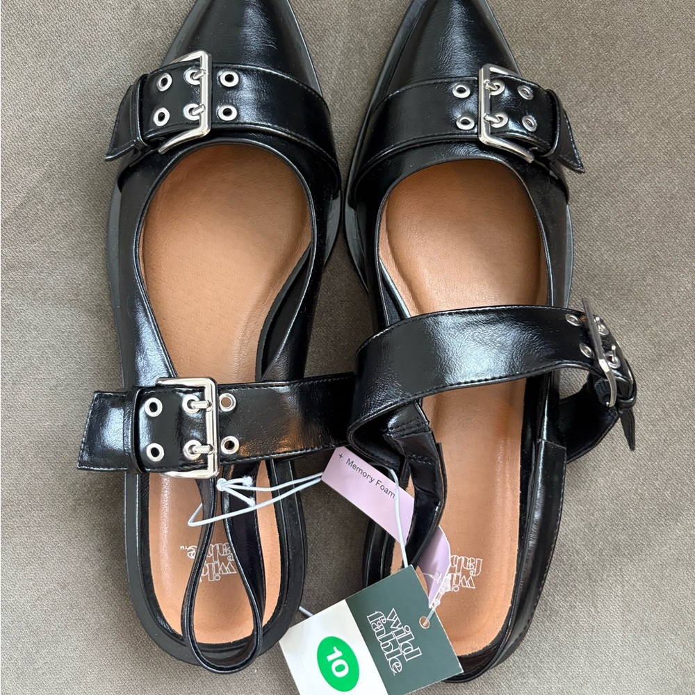Wild Fable Black Pointed Flats with Buckle Straps NWT